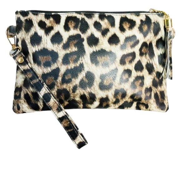 Handbags - LARGE LEOPARD WRISTLET TASSEL POUCH & Free Revolution Lip Oil (New)